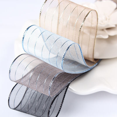 10mm-25mm Gold Line Polyester Organza Ribbon cho gói quà tặng và hộp đóng gói hoặc băng