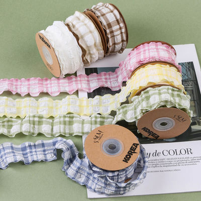 Hàn Quốc Lattice Blue And White Gingham Ribbon 38mm Polyester Pink Tartan Ribbon