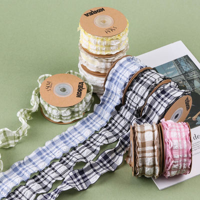 Hàn Quốc Lattice Blue And White Gingham Ribbon 38mm Polyester Pink Tartan Ribbon