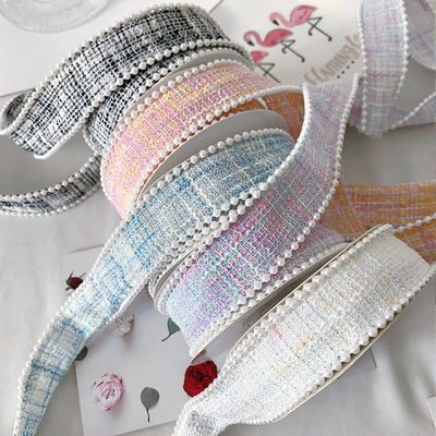 25mm Polyester Ribbon Lattice Plaid Ribbon Pearl Edge OEM ODM