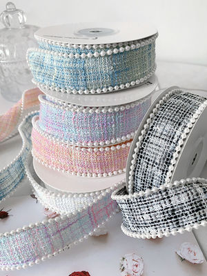 25mm Polyester Ribbon Lattice Plaid Ribbon Pearl Edge OEM ODM