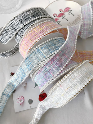 25mm Polyester Ribbon Lattice Plaid Ribbon Pearl Edge OEM ODM