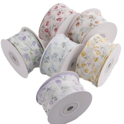 40mm 50mm Organza Ribbon with Floral Printed Polyester Ribbon OEM Tương thích với môi trường