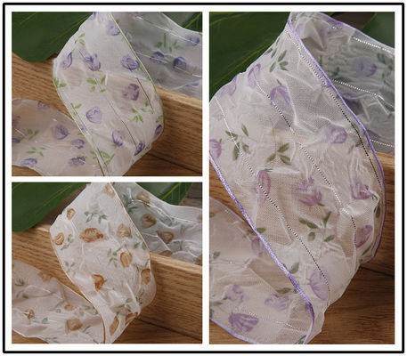 40mm 50mm Organza Ribbon with Floral Printed Polyester Ribbon OEM Tương thích với môi trường