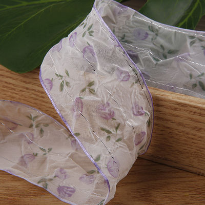 40mm 50mm Organza Ribbon with Floral Printed Polyester Ribbon OEM Tương thích với môi trường