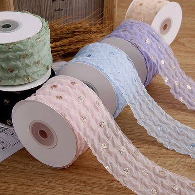 Ruy băng Organza 50mm có hoa văn chấm vàng Lá vàng in Polyester Organza Ribbon OEM Thân thiện với môi trường