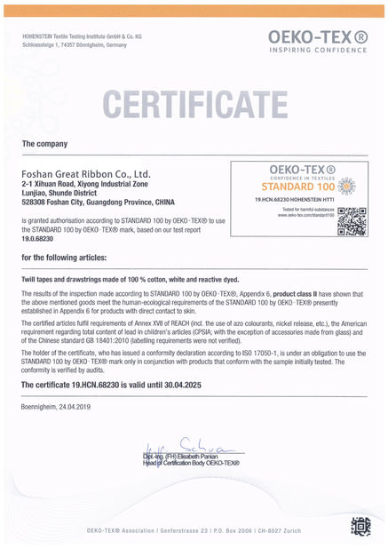 Trung Quốc Foshan Great Ribbon Co., Ltd. Chứng chỉ